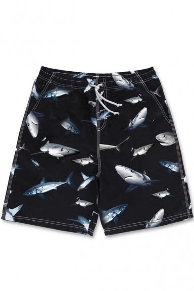 Cool Whale Fish Printed Drawstring Waist Mens Summer Beach Dry-Fit Black Swim Board Shorts