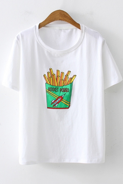 Fashion Short Sleeve French Fries Print Round Neck Cotton Loose Fit T-Shirt