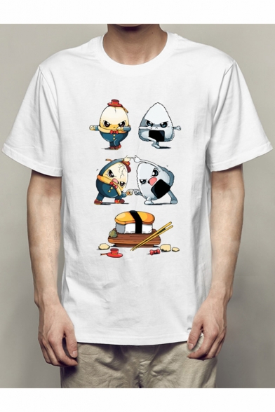 Funny Cute Cartoon Sushi Pattern Short Sleeve Regular-Fit White T-Shirt