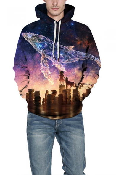 Galaxy Dolphin 3D Printed Loose Relaxed Purple Hoodie