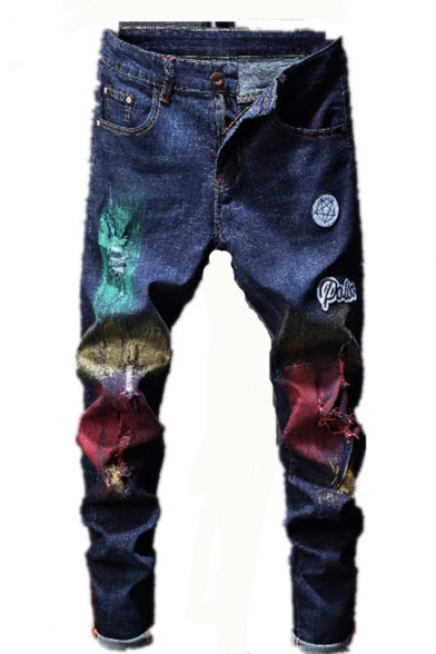 Guys Cool Colorful Painting Letter Patched Dark Blue Ripped Stretch Fitted Jeans