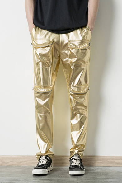 Guys Cool Metallic Color Drawstring Waist Multi Zip-Pocket Hip Hop Fashion Pants
