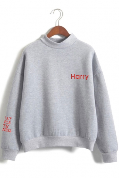 Harry Styles Simple Letter Printed Mock Neck Long Sleeve Loose Fit Sweatshirt