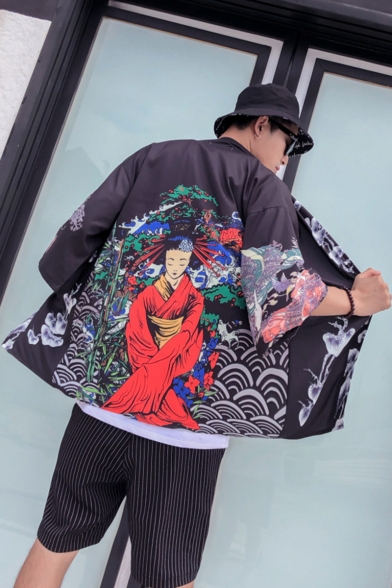 Japanese Style Ukiyo-e Printed Half Sleeve Loose Casual Open Front Cotton Kimono Blouse