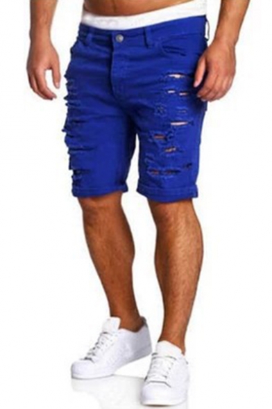 Men's New Fashion Destroyed Ripped Rolled Cuff Solid Color Washed Casual Denim Shorts