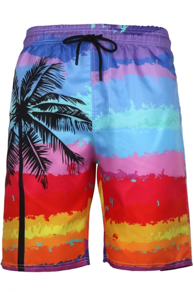 Men's New Stylish Drawstring Waist Tropical Coconut Printed Loose Swim Trunks