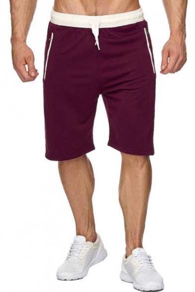 Men's New Stylish Simple Plain Zip-Pocket Drawstring Waist Casual Cotton Beach Sweat Shorts