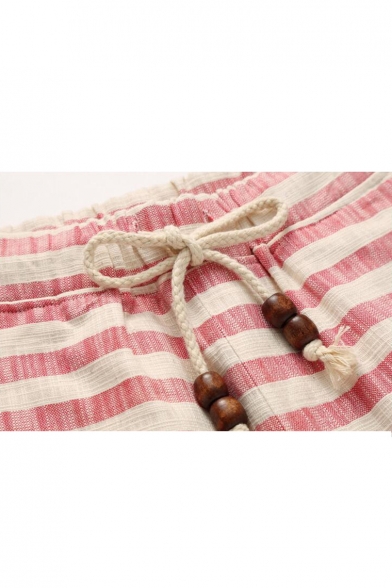 Men's Summer Stylish Stripe Printed Drawstring Waist Cotton Loose Beach Shorts