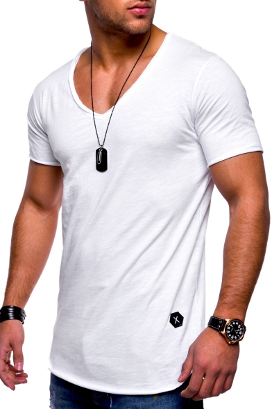 Men's Summer Stylish V-Neck Short Sleeve Plain Cotton Slim T-Shirt