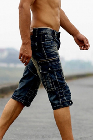 Men's Vintage Style Washed Distressed Flap-Pocket Side Capri Fitted Cargo Shorts Denim Shorts
