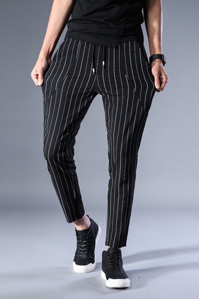 Mens British Style Drawstring Waist Vertical Stripe Print Fitted Black Suit Pants Dress Pants