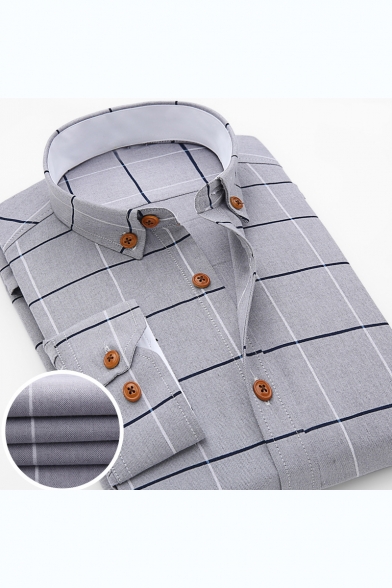 Mens Stylish Check Printed Long Sleeve Wash and Wear Slim Fitted Formal Cotton Button-Down Shirt