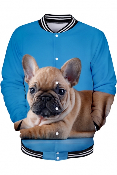 New Stylish French Dog 3D Printed Rib Collar Long Sleeve Button-Front Baseball Jacket