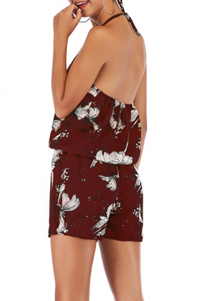 Sexy Fashion Halter Sleeveless Floral Printed Romper