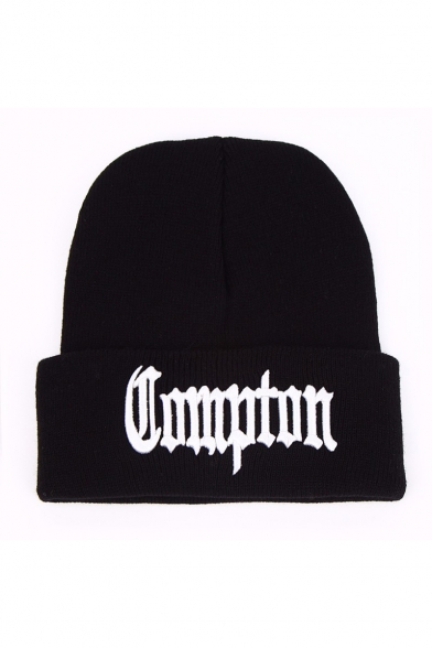 Simple Letter COMPTON Embroidered Hip Hop Style Black Knit Beanie