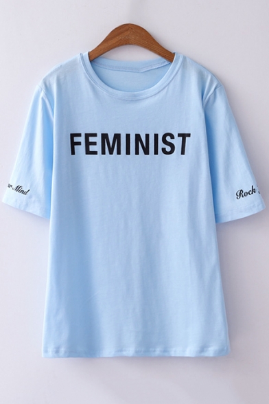 Simple Letter FEMINIST Summer Basic Short Sleeve Round Neck Casual T-Shirt