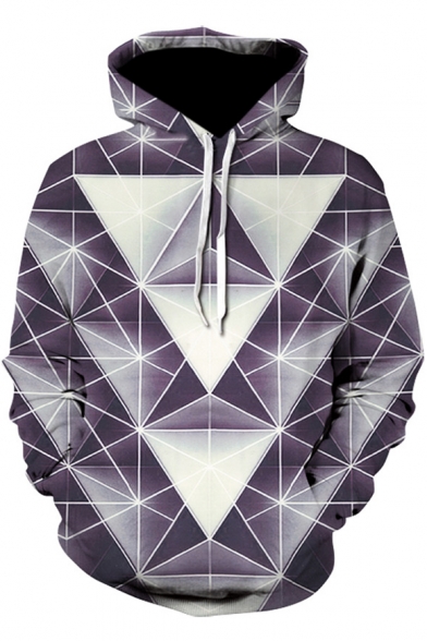 Stylish 3D Geometric Pattern Relaxed Fit Pullover Hoodie in Purple