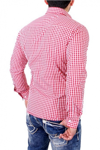 Stylish Plaid Printed Spread Collar Men's Fitted Long Sleeve Button-Up Shirt