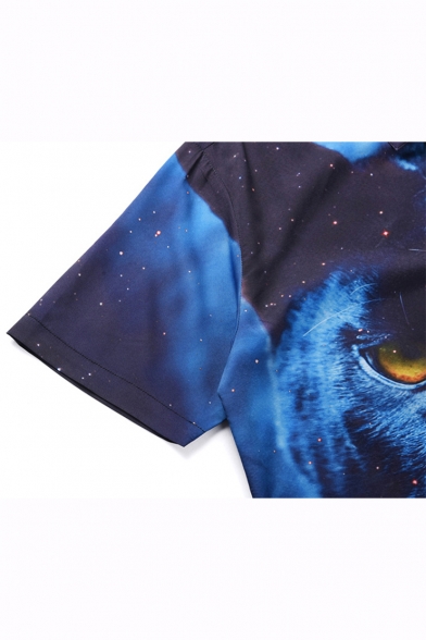 Summer Cool Leopard Printed Men Street Fashion Short Sleeve Blue Shirt
