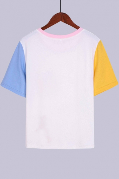 Summer Fashion Colorblocked Basic Short Sleeve Round Neck White T-Shirt