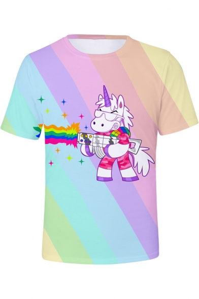 Summer Funny Cute Cartoon Unicorn Pattern Short Sleeve Stripe Fitted T-Shirt