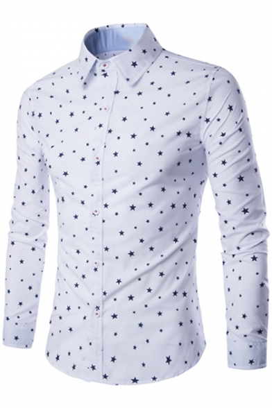 Trendy Allover Five-Point Star Pattern Mens Long Sleeve Slim Fit White Shirt