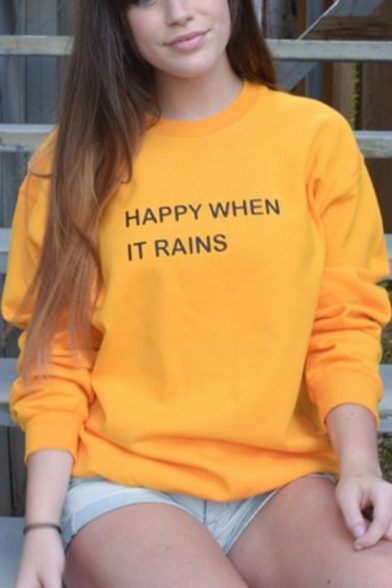 Yellow Long Sleeve Letter HAPPY WHEN IT RAINS Printed Round Neck Girl's Loose Sweatshirt