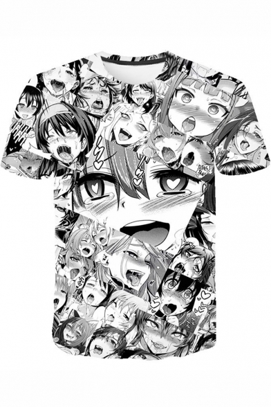 Ahegao 3D Comic Girl Printed Round Neck Loose Fit Black T-Shirt