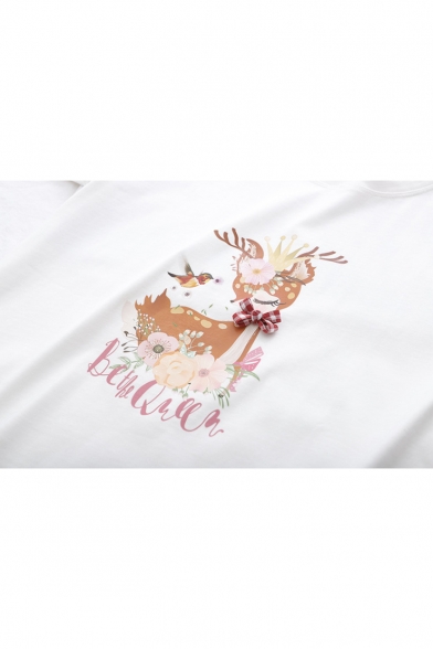 Cartoon Lovely Letter Deer Printed Basic Short Sleeve T-Shirt