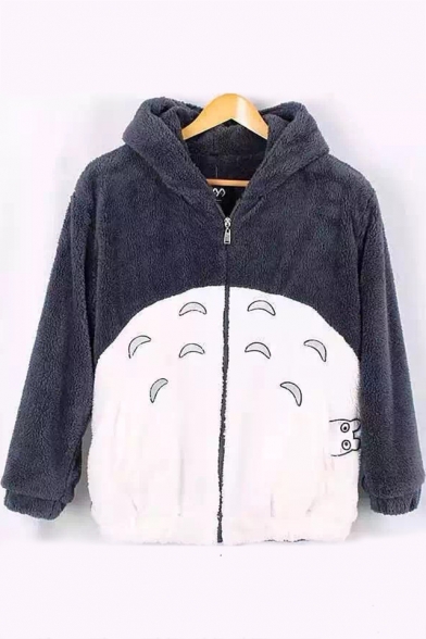Cartoon Totoro Pattern Fashion Colorblock Long Sleeve Zip Up Gray Fleece Hoodie