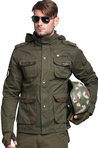 Classic Army Green Stand Collar Hooded Long Sleeve Multi-Pocket Button Front Military Jacket