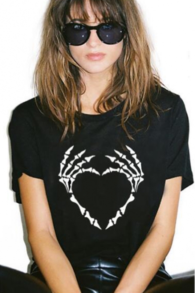 Cool Skull Heart Printed Basic Round Neck Short Sleeve Loose Relaxed Black T-Shirt