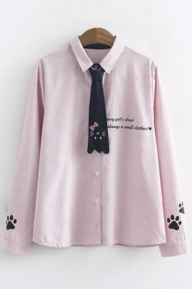 Cute Tie Letter Printed Lapel Collar Long Sleeve Single Breasted Shirt