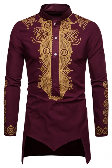 Fashion African Style Retro Printed Stand-Collar Long Sleeve Asymmetrical Hem Fitted Shirt for Men
