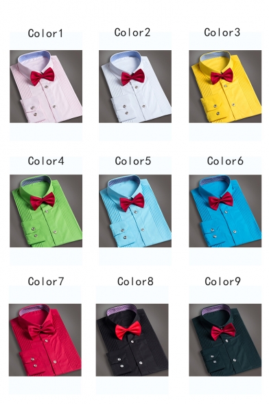Fashion Bridegroom Simple Plain Pleated Detail Wash and Wear Bow-Tied Collar Button-Up Shirt for Wedding