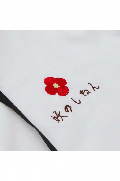 Girls Cute Simple Floral Embroidered Drawstring Cuff White Casual Hoodie