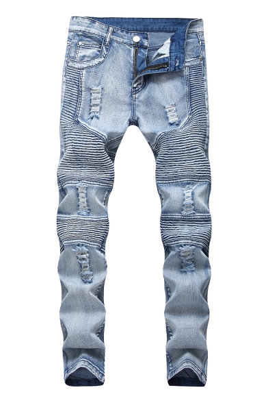Guys New Stylish Pleated Ruched Detail Light Blue Washed Ripped Skinny Fit Jeans