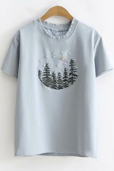 Lovely Beading Tree Basic Short Sleeve Round Neck Loose Fit T-Shirt