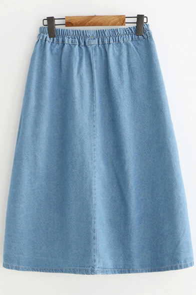 Lovely Cartoon Rabbit Embroidery Elastic Waist Midi A-Line Denim Skirt