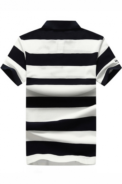 Men's Fashion Striped Pattern Logo Chest Short Sleeve Loose Fit Quick-Dry Polo Shirt