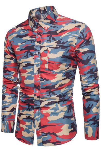 Men's Stylish Camoflage Pattern One Pocket Long Sleeve Fitted Button-Down Shirt