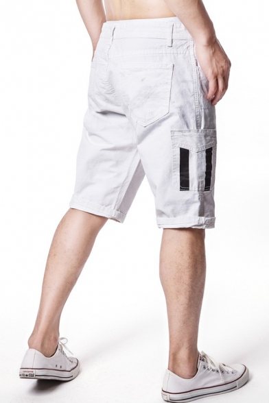 Men's Trendy Tape Patched Pocket Simple Plain Casual Cotton Chino Shorts