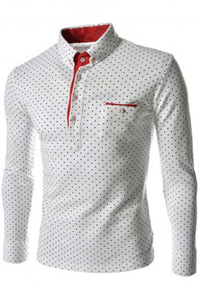 Mens New Stylish Polka-Dot Printed Long Sleeve Four-Button Casual Pullover Shirt