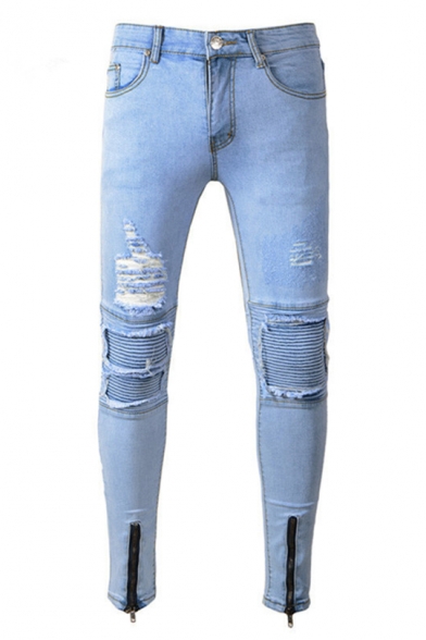 Mens Street Fashion Zip Cuff Pleated Knee Patched Light Blue Ripped Skinny Jeans