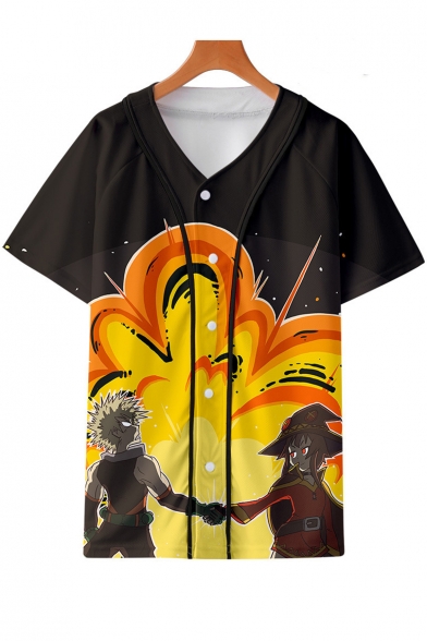 3D Comic Figure Print V-Neck Short Sleeve Button-Front Unisex Baseball Shirt