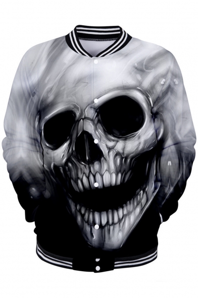New Stylish Unique 3D Skull Printed Stand-Collar Long Sleeve Button-Down Baseball Jacket