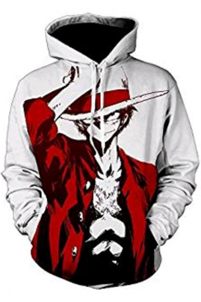 Trendy 3D Comic with a Hat Printed White Long Sleeve Sport Hoodie