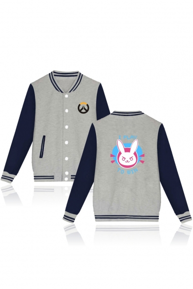 Overwatch Rabbit Pattern Stand-Collar Long Sleeve Colorblocked Unisex Button-Down Baseball Jacket