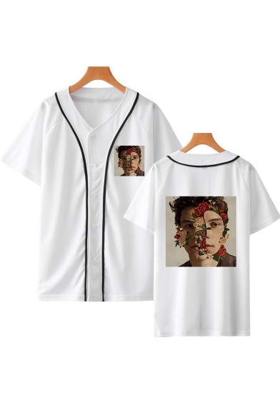 Popular Floral Figure Printed Short Sleeve Casual Unisex Button-Front Baseball Shirt