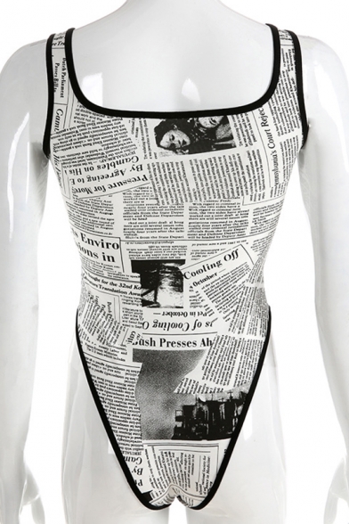 Retro Square Neck Sleeveless Newspaper Printed Slim Fit White Bodysuit